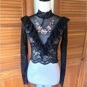 Dolls Kill Garden Goth Gothic Victorian Rose Thorn Black Lace Ruffle Top M